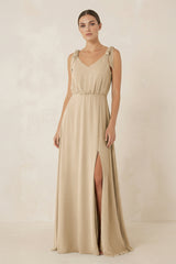 Champagne V-Neck A-Line Chiffon Bridesmaid Dress | KISSBRIDAL