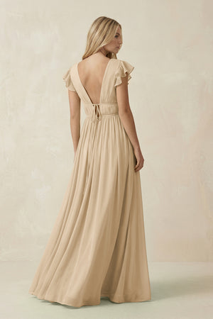Champagne V-Neck A-Line Chiffon Cap Sleeves Bridesmaid Dress (2) | KISSBRIDAL