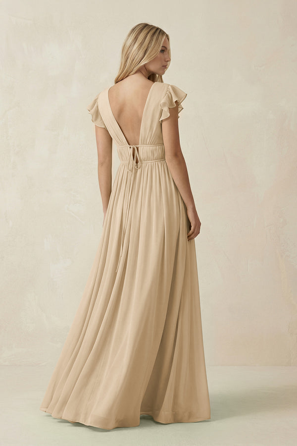 Champagne V-Neck A-Line Chiffon Cap Sleeves Bridesmaid Dress (2) | KISSBRIDAL
