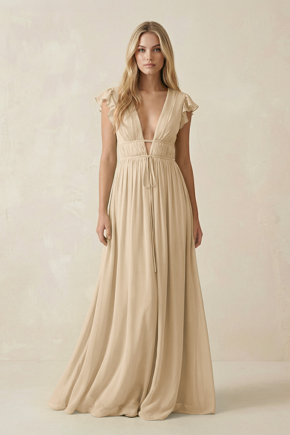 V-Neck A-Line Chiffon Cap Sleeves Bridesmaid Dress in Champagne