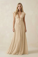 Champagne V-Neck A-Line Chiffon Cap Sleeves Bridesmaid Dress | KISSBRIDAL