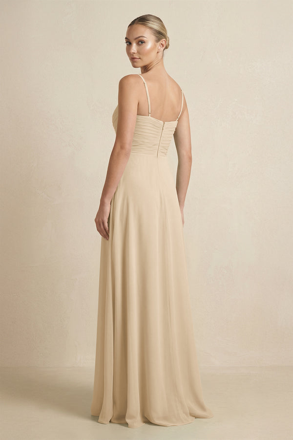 Champagne V-Neck A-Line Chiffon Pleated Bridesmaid Dress (2) | KISSBRIDAL
