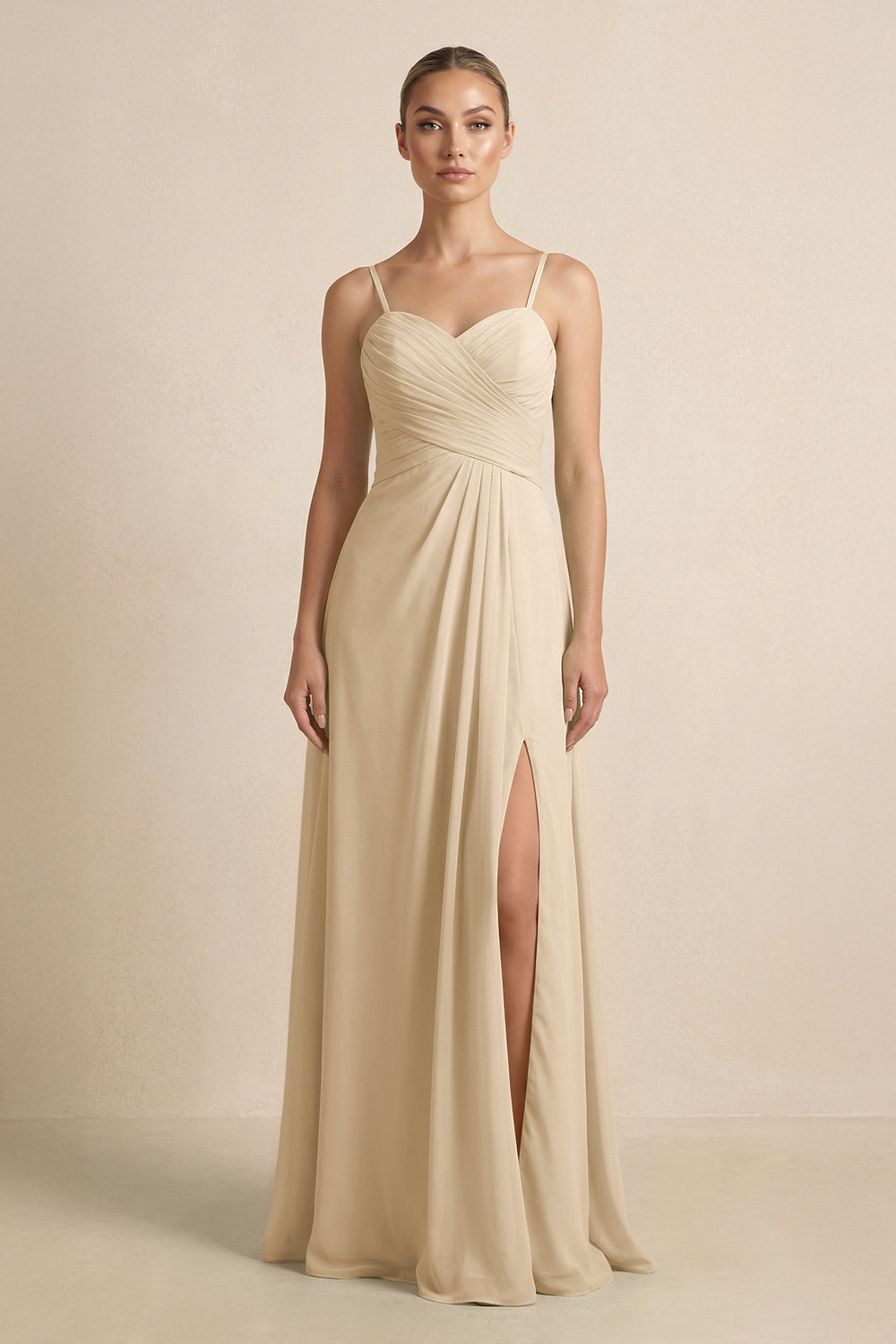 V-Neck A-Line Chiffon Pleated Bridesmaid Dress in Champagne