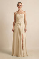 Champagne V-Neck A-Line Chiffon Pleated Bridesmaid Dress | KISSBRIDAL