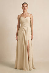 Champagne V-Neck A-Line Chiffon Pleated Bridesmaid Dress | KISSBRIDAL