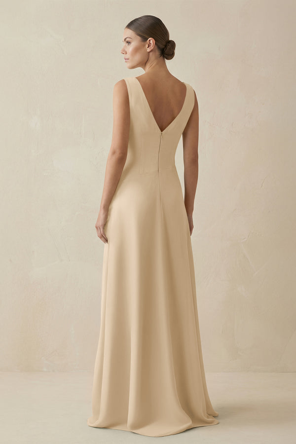 Champagne V-Neck A-Line Chiffon Ruffled Bridesmaid Dress (2) | KISSBRIDAL