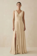 Champagne V-Neck A-Line Chiffon Ruffled Bridesmaid Dress | KISSBRIDAL