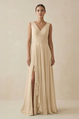 Champagne V-Neck A-Line Chiffon Ruffled Bridesmaid Dress | KISSBRIDAL