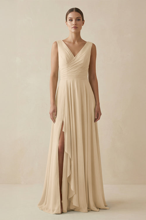 Champagne V-Neck A-Line Chiffon Ruffled Bridesmaid Dress | KISSBRIDAL