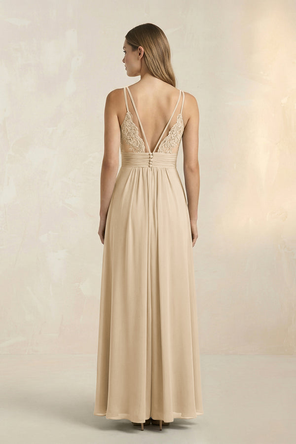 Champagne V-Neck A-Line Pleated Chiffon Bridesmaid Dress (2) | KISSBRIDAL