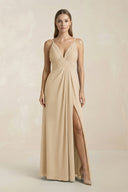 Champagne V-Neck A-Line Pleated Chiffon Bridesmaid Dress | KISSBRIDAL
