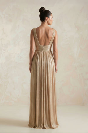 Champagne V-Neck A-Line Sequin Pleated Bridesmaid Dress with Slit (2) | KISSBRIDAL
