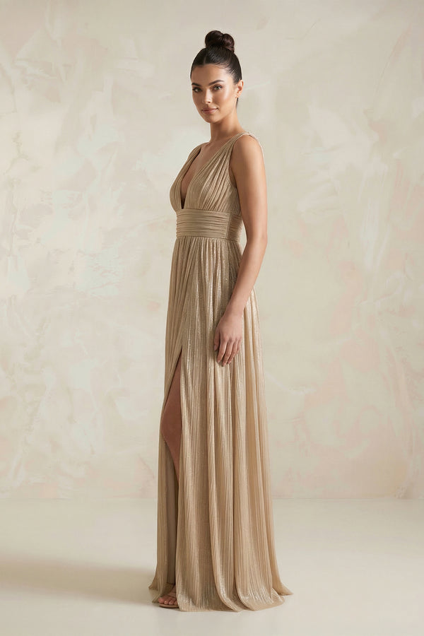 Champagne V-Neck A-Line Sequin Pleated Bridesmaid Dress with Slit (3) | KISSBRIDAL