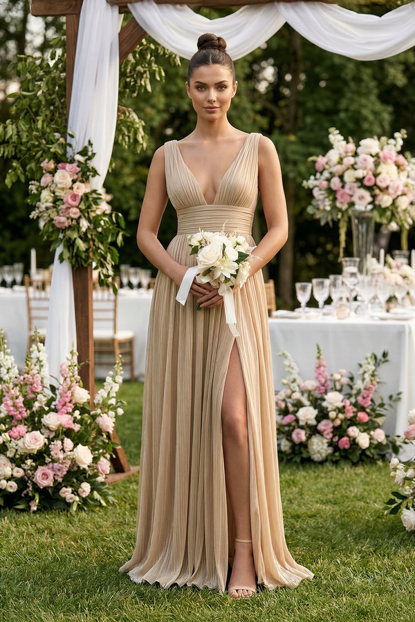 Champagne V-Neck A-Line Sequin Pleated Bridesmaid Dress with Slit (4) | KISSBRIDAL