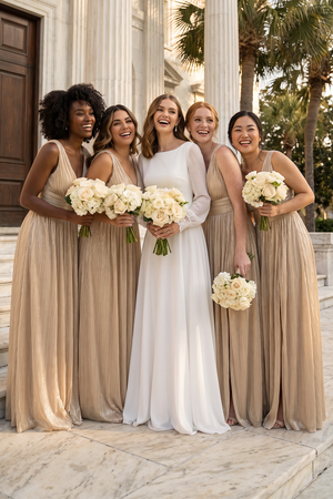 Champagne V-Neck A-Line Sequin Pleated Bridesmaid Dress with Slit (5) | KISSBRIDAL