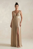 Champagne V-Neck A-Line Sequin Pleated Bridesmaid Dress with Slit | KISSBRIDAL