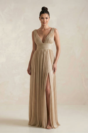 Champagne V-Neck A-Line Sequin Pleated Bridesmaid Dress with Slit | KISSBRIDAL