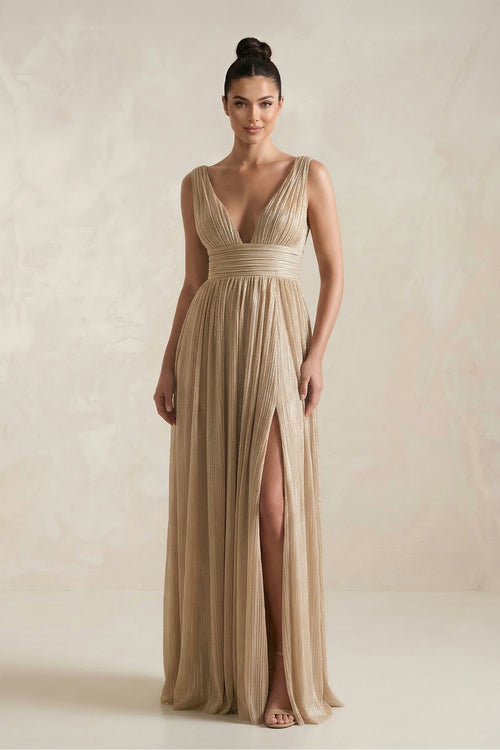 Champagne V-Neck A-Line Sequin Pleated Bridesmaid Dress with Slit | KISSBRIDAL