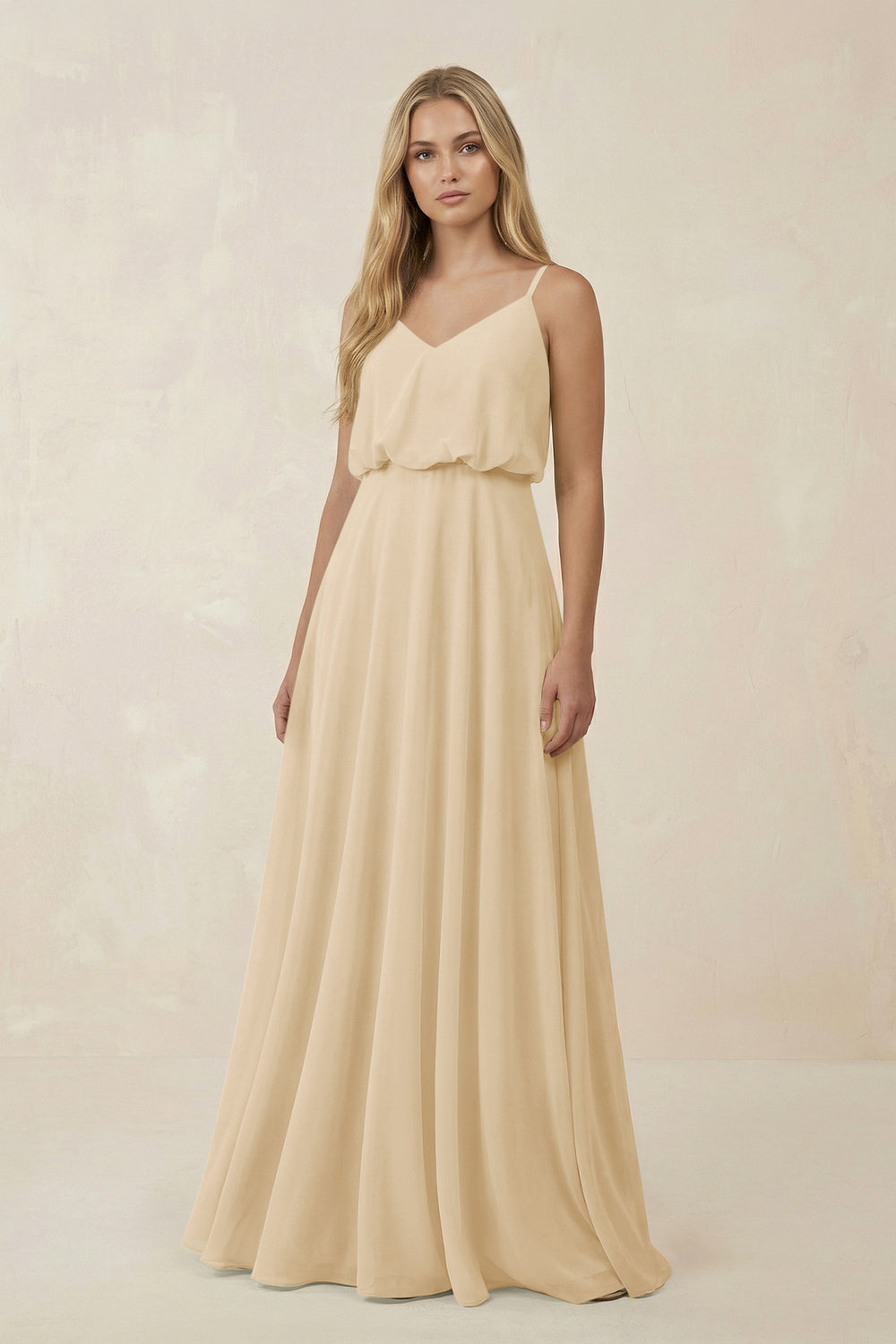 V-Neck Blouson A-Line Chiffon Bridesmaid Dress in Champagne