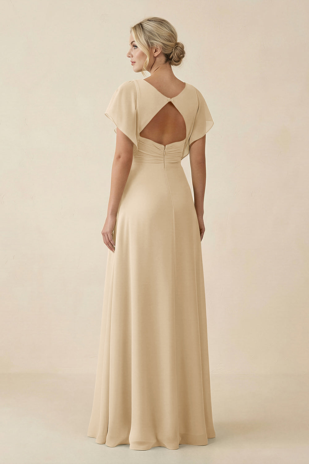 V-Neck Cap Sleeve Chiffon Bridesmaid Dress with Cut-out Back in Champagne
