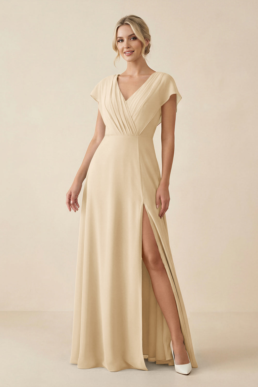 V-Neck Cap Sleeve Chiffon Bridesmaid Dress with Cut-out Back in Champagne