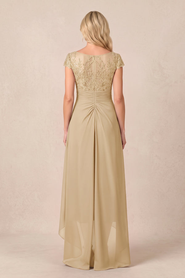 Champagne V-Neck Chiffon A-Line Embroidered Ruched Mother of the Bride Dress (2) | KISSBRIDAL