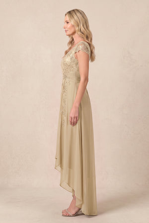 Champagne V-Neck Chiffon A-Line Embroidered Ruched Mother of the Bride Dress (3) | KISSBRIDAL