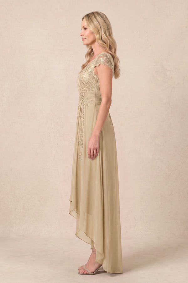Champagne V-Neck Chiffon A-Line Embroidered Ruched Mother of the Bride Dress (3) | KISSBRIDAL