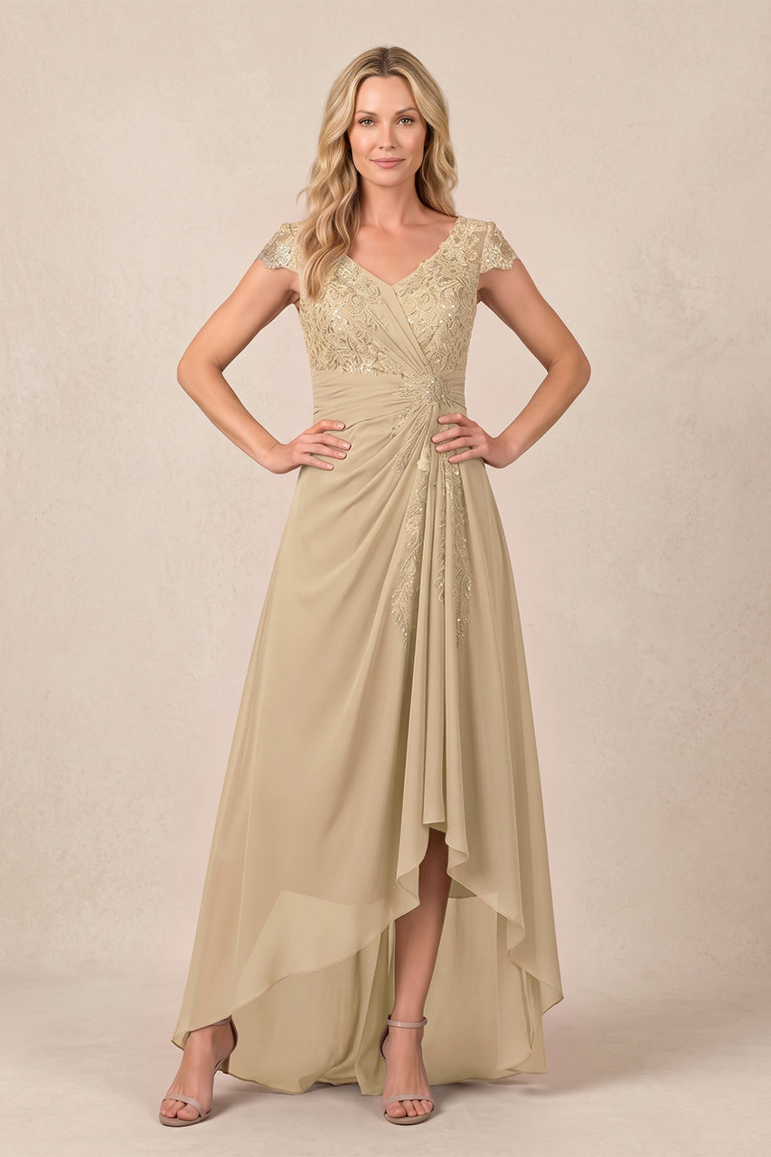 Champagne V-Neck Chiffon A-Line Embroidered Ruched Mother of the Bride Dress