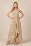 Champagne V-Neck Chiffon A-Line Embroidered Ruched Mother of the Bride Dress | KISSBRIDAL