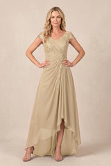 Champagne V-Neck Chiffon A-Line Embroidered Ruched Mother of the Bride Dress | KISSBRIDAL