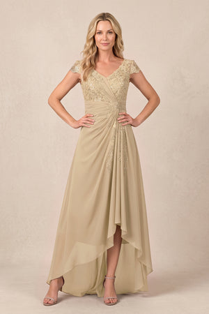 Champagne V-Neck Chiffon A-Line Embroidered Ruched Mother of the Bride Dress | KISSBRIDAL