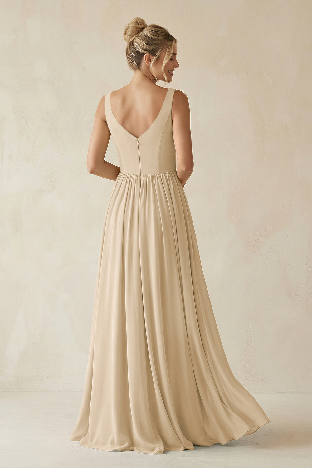 V-Neck Chiffon A-Line Long Bridesmaid Dress in Champagne