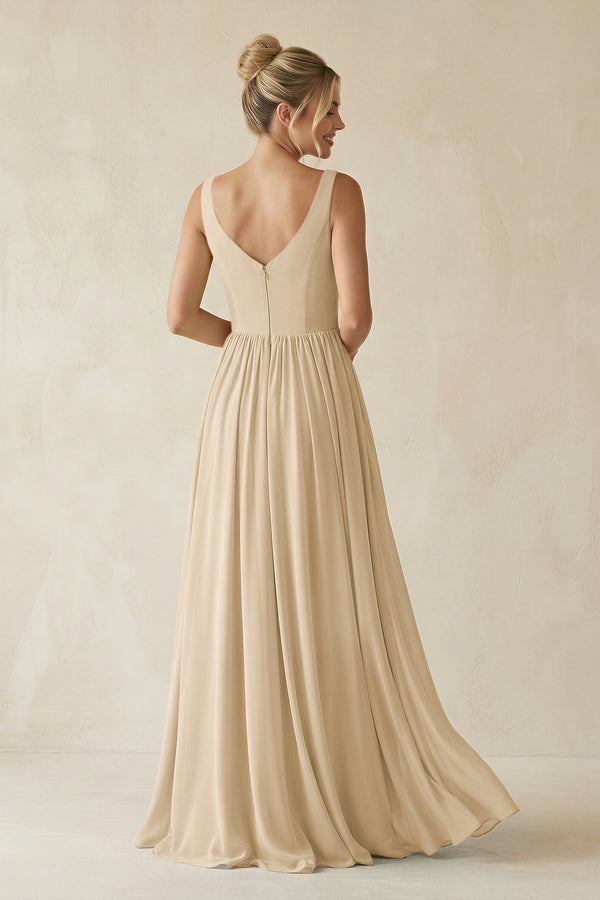 Champagne V-Neck Chiffon A-Line Long Bridesmaid Dress (2) | KISSBRIDAL