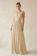 Champagne V-Neck Chiffon A-Line Long Bridesmaid Dress | KISSBRIDAL