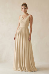 Champagne V-Neck Chiffon A-Line Long Bridesmaid Dress | KISSBRIDAL