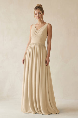 Champagne V-Neck Chiffon A-Line Long Bridesmaid Dress | KISSBRIDAL