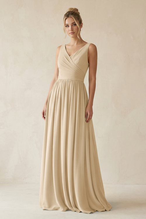 Champagne V-Neck Chiffon A-Line Long Bridesmaid Dress | KISSBRIDAL