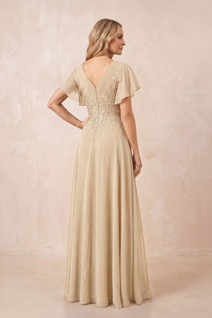 Champagne V-Neck Chiffon Ruffled Sleeves A-Line Mother of the Bride Dress (2) | KISSBRIDAL