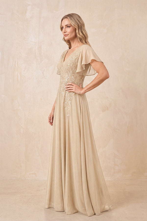 Champagne V-Neck Chiffon Ruffled Sleeves A-Line Mother of the Bride Dress (3) | KISSBRIDAL