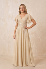 Champagne V-Neck Chiffon Ruffled Sleeves A-Line Mother of the Bride Dress | KISSBRIDAL