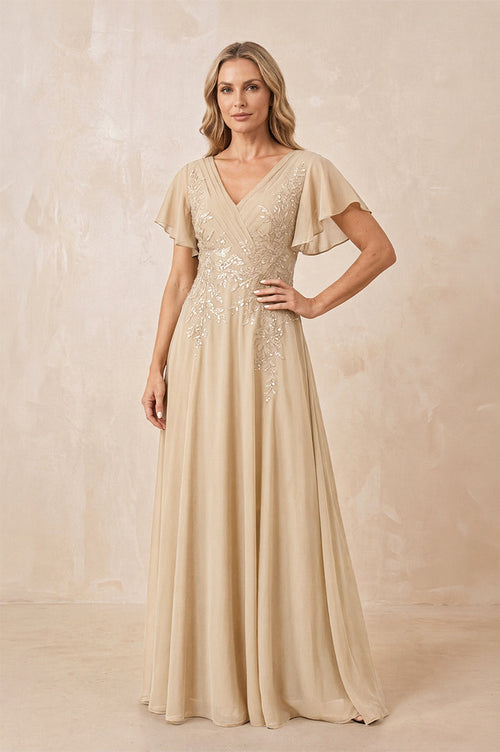 Champagne V-Neck Chiffon Ruffled Sleeves A-Line Mother of the Bride Dress | KISSBRIDAL