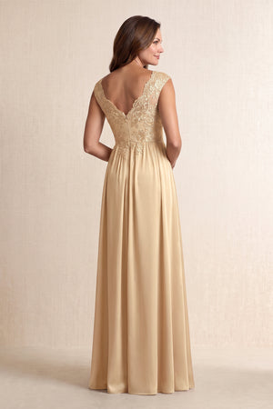 Champagne V-Neck Embroidered A-Line Satin Mother of the Bride Dress (2) | KISSBRIDAL