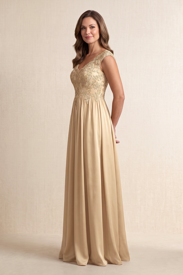 Champagne V-Neck Embroidered A-Line Satin Mother of the Bride Dress (3) | KISSBRIDAL