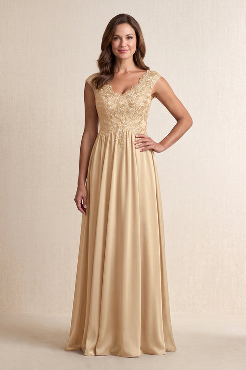 Champagne V-Neck Embroidered A-Line Satin Mother of the Bride Dress | KISSBRIDAL