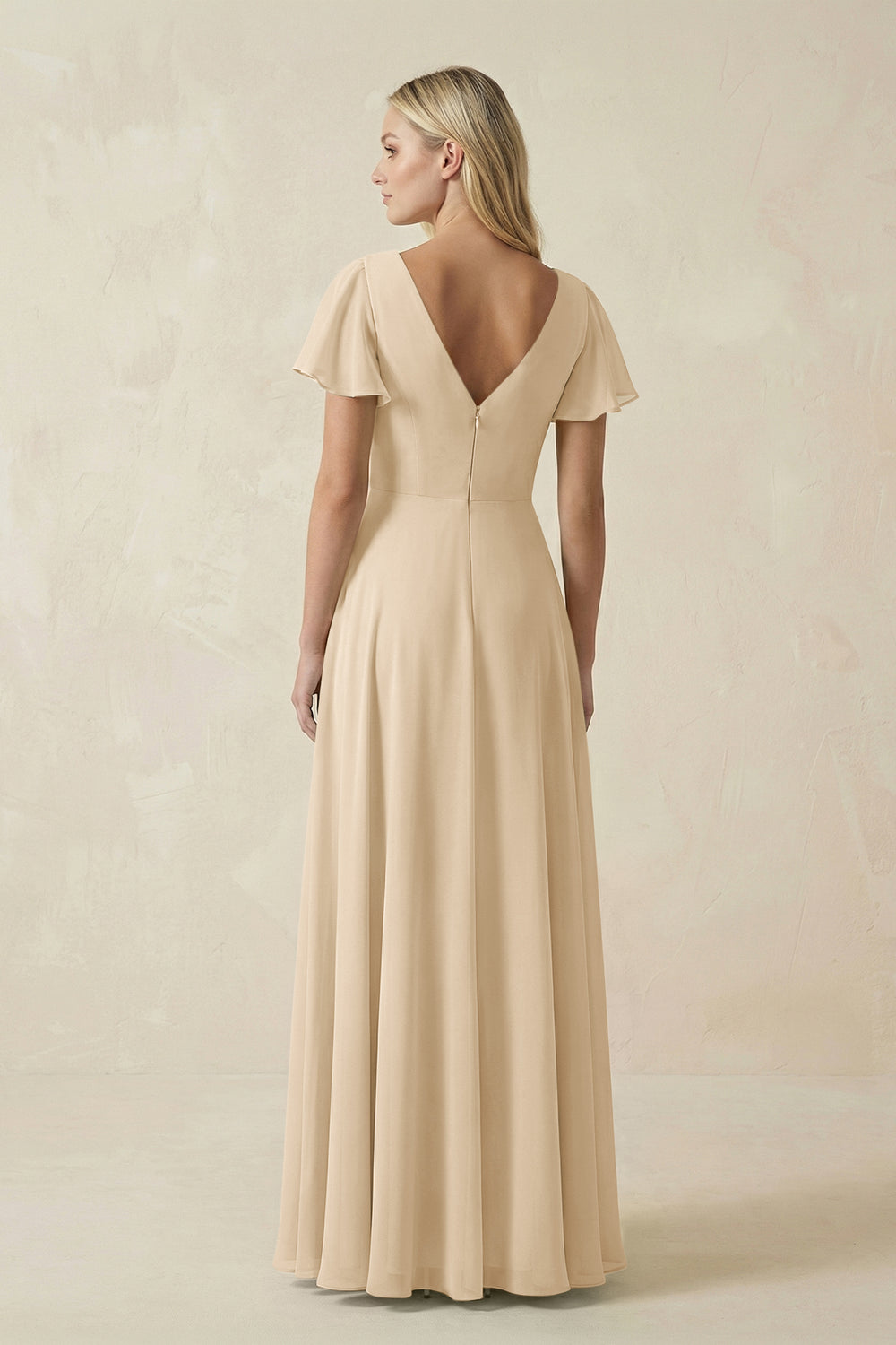 V-Neck Flutter Sleeve A-Line Chiffon Bridesmaid Dress in Champagne