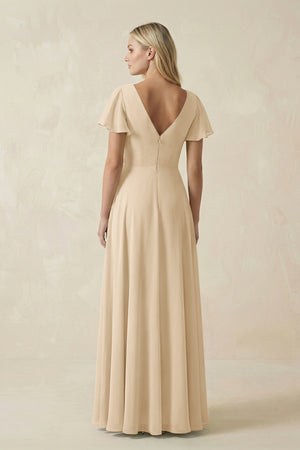 Champagne V-Neck Flutter Sleeve A-Line Chiffon Bridesmaid Dress (2) | KISSBRIDAL