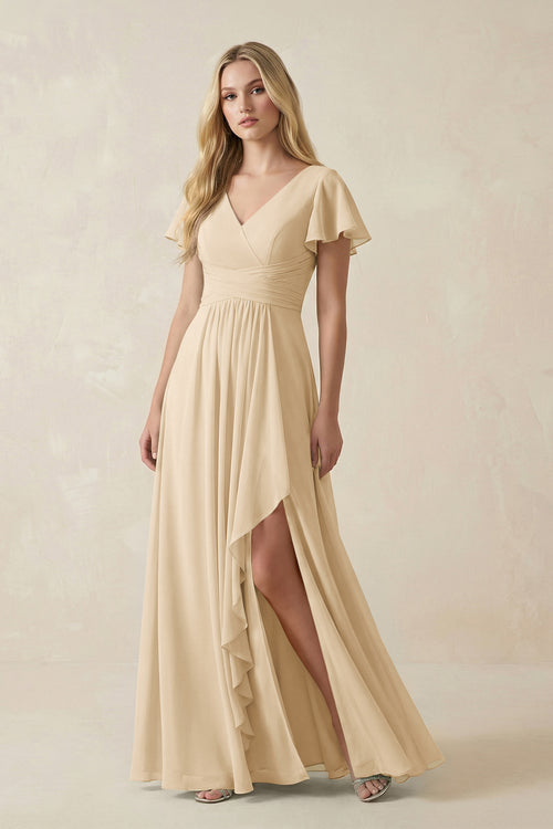Champagne V-Neck Flutter Sleeve A-Line Chiffon Bridesmaid Dress | KISSBRIDAL
