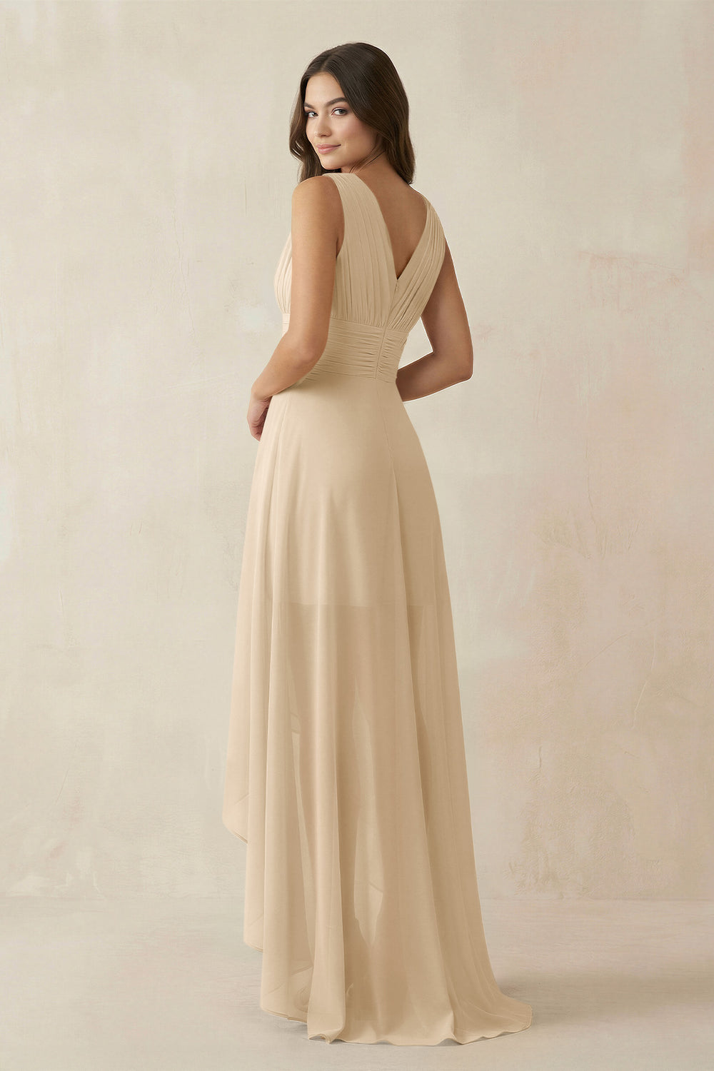 V-Neck High-Low Chiffon Bridesmaid Dress in Champagne