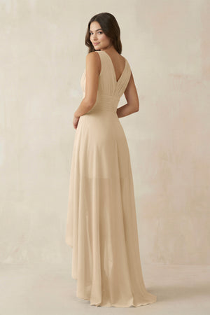 Champagne V-Neck High-Low Chiffon Bridesmaid Dress (2) | KISSBRIDAL